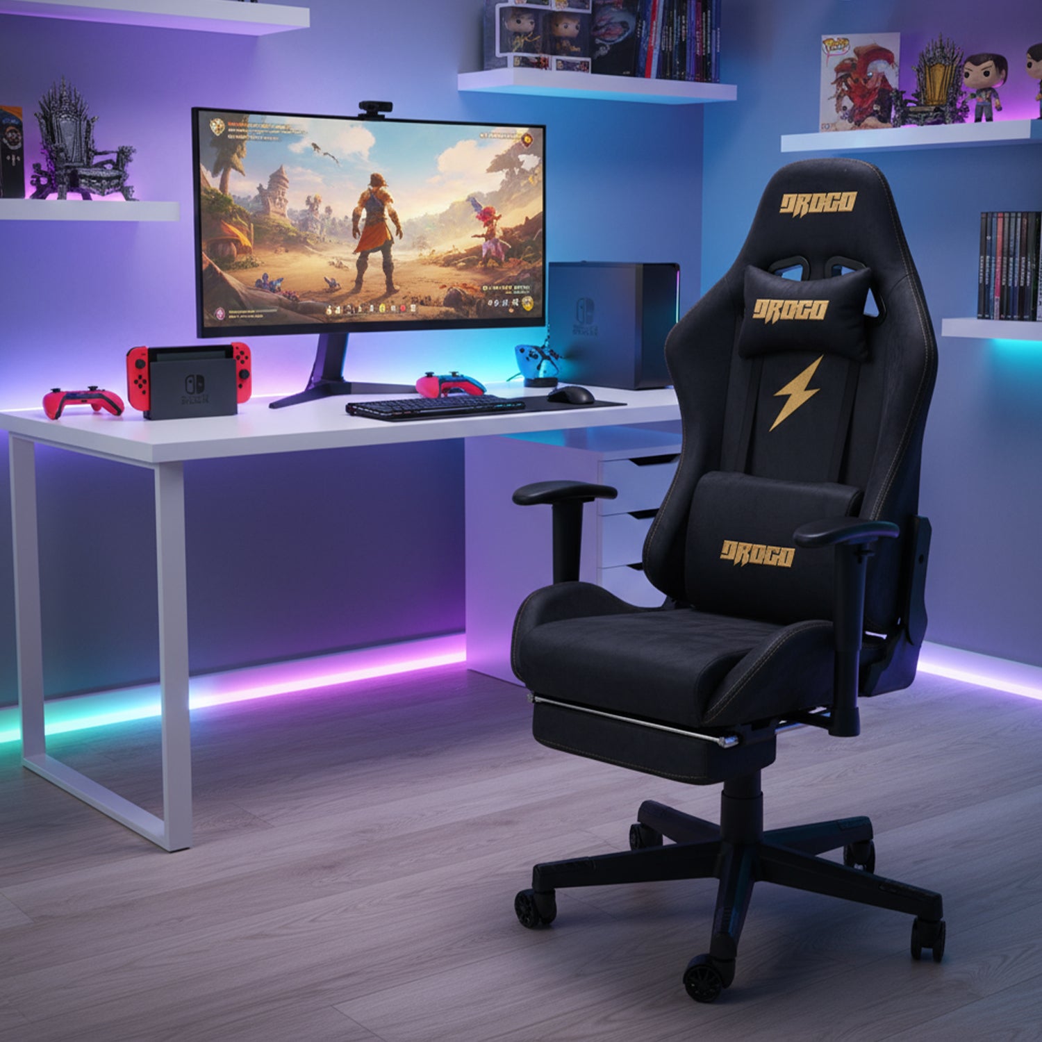 Drogo ProForm Suede Ergonomic Gaming Chair Adjustable Seat & Massager Lumbar Pillow